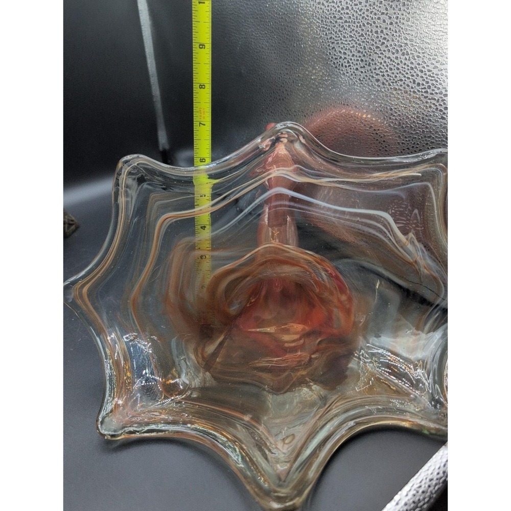 Vtg. large Sooner Art Hand Blown Glass Lotus Cornucopia Orange Vase - Picture 9 of 10